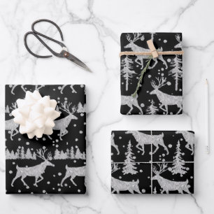 Silver Woodland Stag Spruce Tree Forest Snow Black Wrapping Paper Sheet