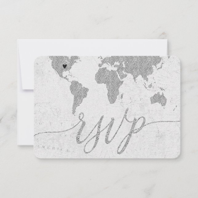 Silver World Map Custom Destination Wedding RSVP (Front)