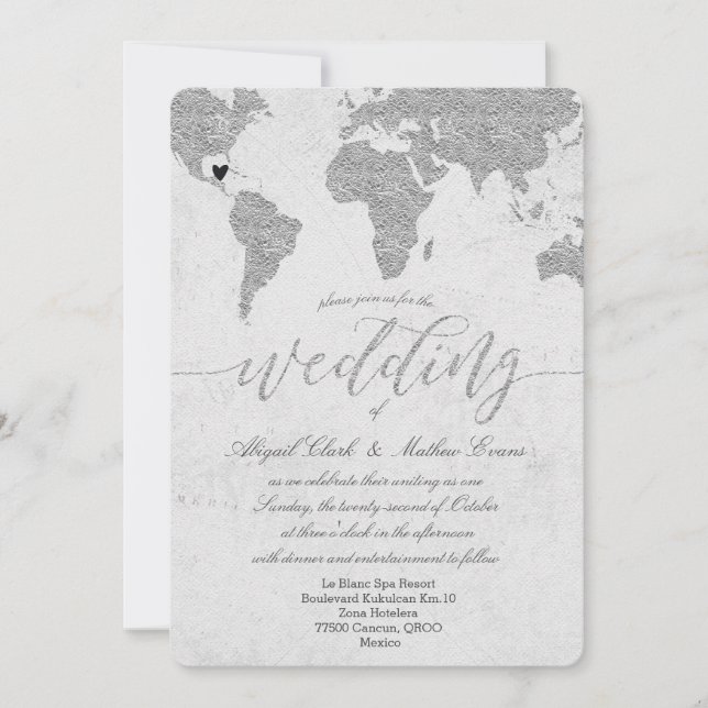 Silver World Map Destination Wedding Invitation (Front)