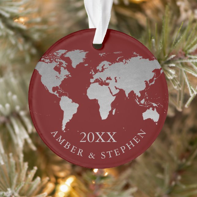 Silver World Map Travel Keepsake Personalised Ornament (Tree)