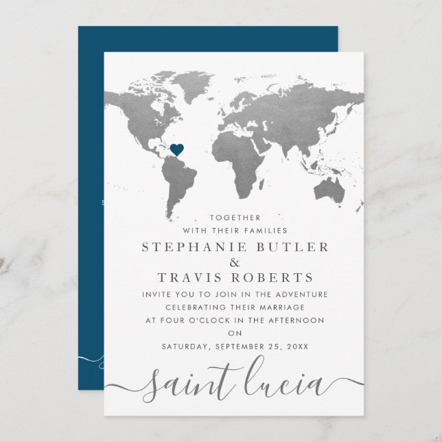 Silver World Travel Map Destination Wedding Invitation (Front/Back)