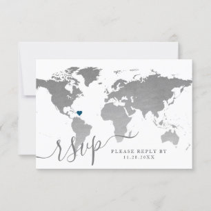 Silver World Travel Map Destination Wedding RSVP Card