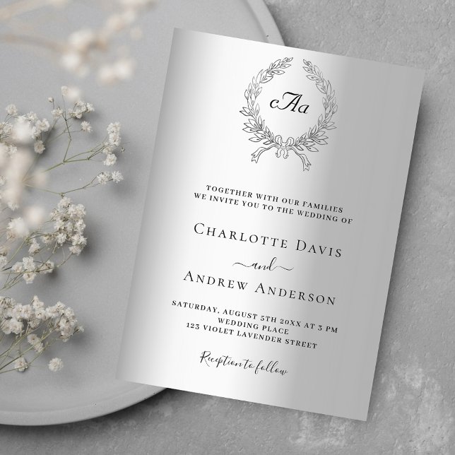 Silver wreath monogram wedding invitation (Creator Uploaded)
