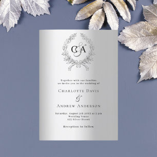 Silver wreath monogram wedding invitation