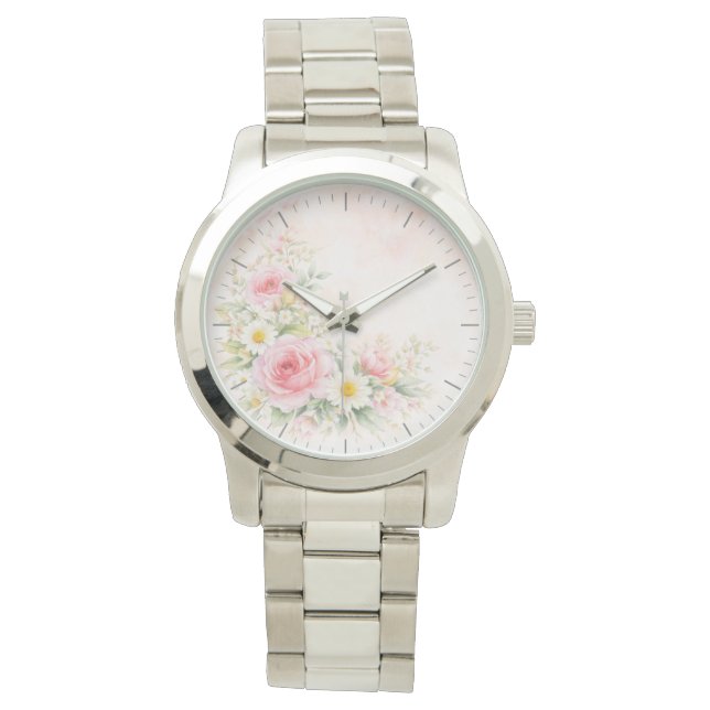 Silver wristwatch with a soft floral design – blos (Front)