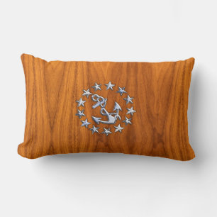 Silver Yacht Flag on Nautical Teak Wood Print Lumbar Cushion