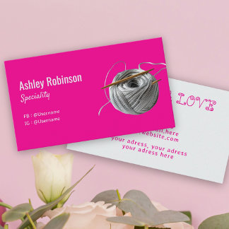 Silver yarn crochet hook handmade with love pink business card