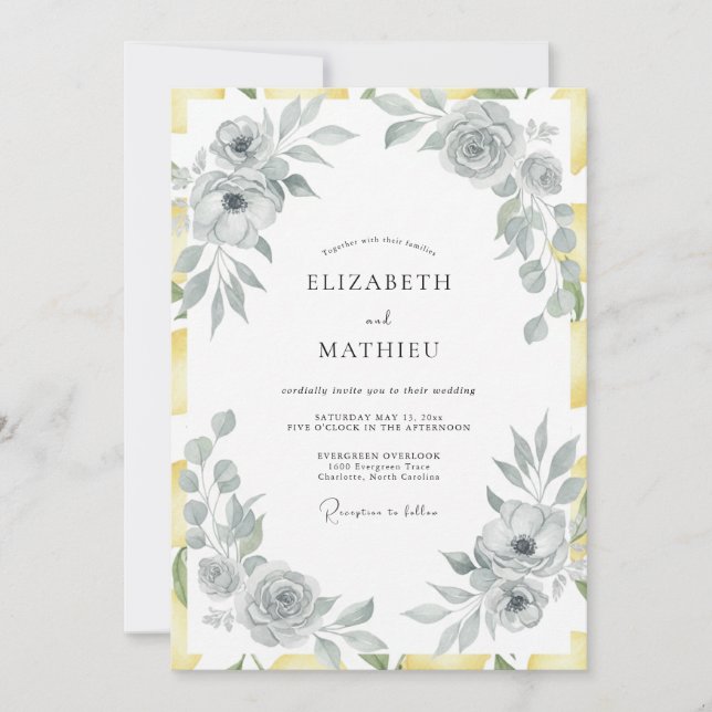 Silver Yellow Leafy Wedding Invitation (Front)