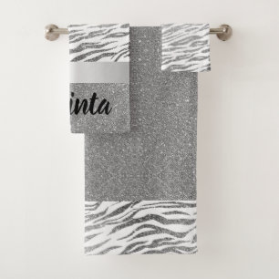 Silver Zebra Print Glitter Personalised Bath Towel Set