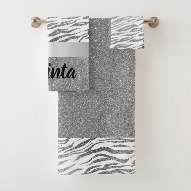 Silver Zebra Print Glitter Personalised Bath Towel Set (Insitu)