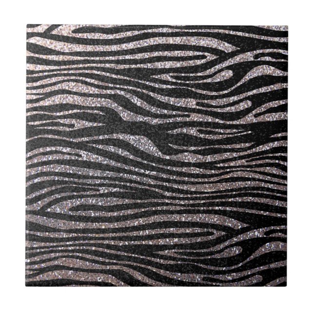 Silver zebra stripe pattern (faux glitter bling) ceramic tile (Front)
