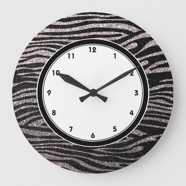 Silver zebra stripes (faux glitter bling) large clock (Front)