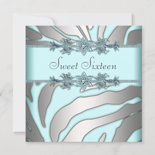 Silver Zebra Teal Blue Sweet 16 Birthday Party Invitation (Front)