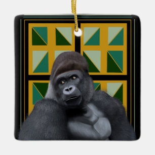Silverback Gorilla Yellow and Green Geometric Ceramic Ornament