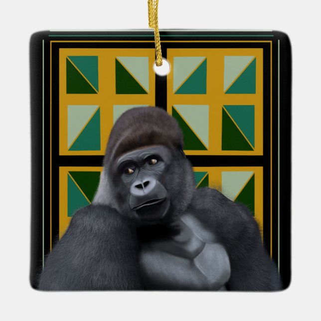 Silverback Gorilla Yellow and Green Geometric Ceramic Ornament (Front)