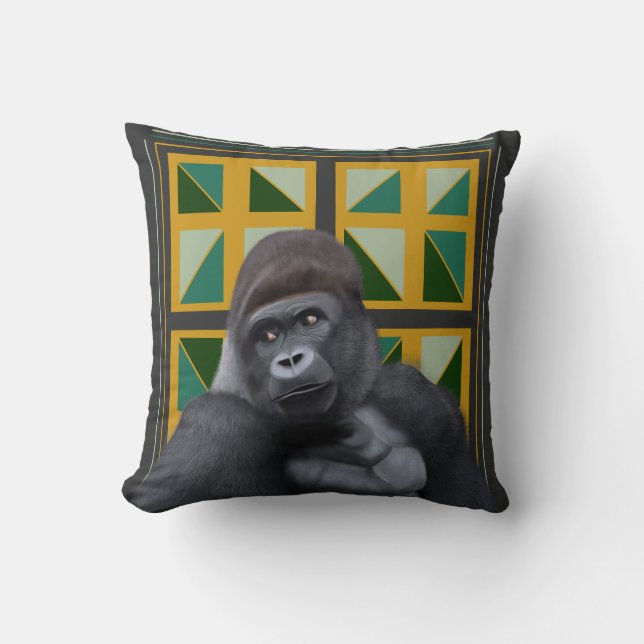 Silverback Gorilla Yellow and Green Geometric  Cushion (Front)