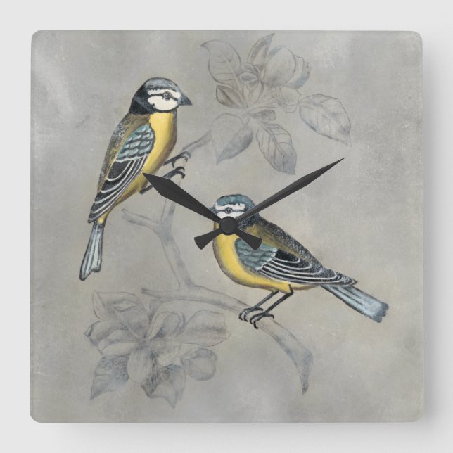 Silvered Aviary | Bird Couple Square Wall Clock (Front)