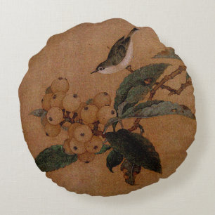 Silvereye bird and loquats round cushion