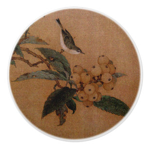 Silvereye bird with loquat fruit version two ceramic knob
