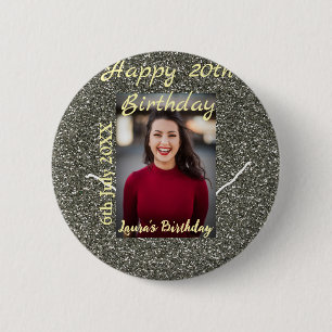 Silverglitter photo 20th birthday add name date 6 cm round badge