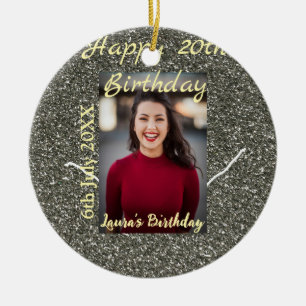 Silverglitter photo 20th birthday add name date ceramic ornament
