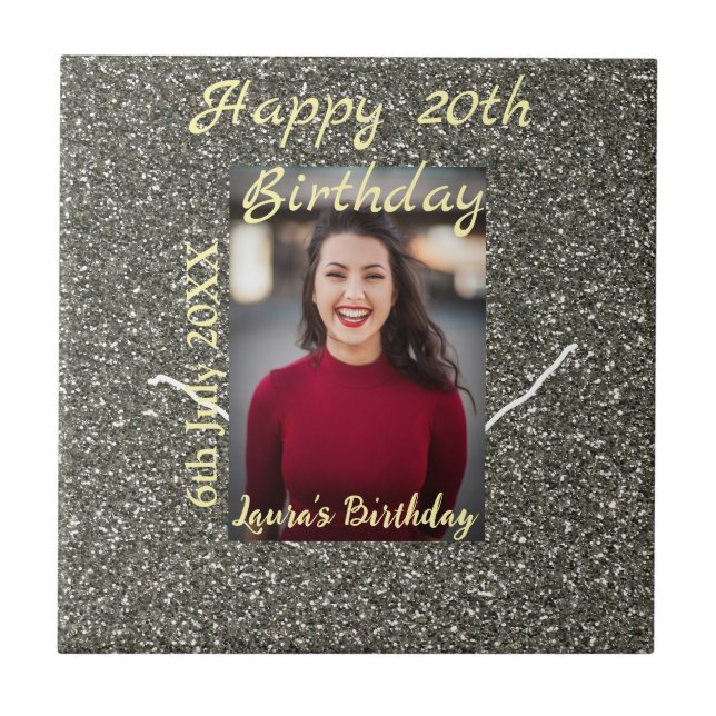 Silverglitter photo 20th birthday add name date ceramic tile (Front)