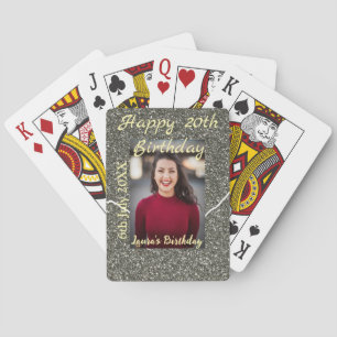 Silverglitter photo 20th birthday add name date playing cards