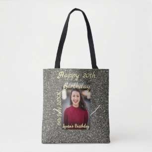 Silverglitter photo 20th birthday add name date tote bag