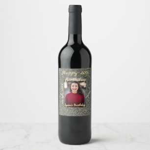Silverglitter photo 20th birthday add name date wine label