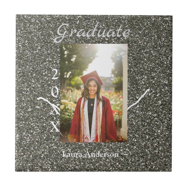Silverglitter photo graduation add name class text ceramic tile (Front)