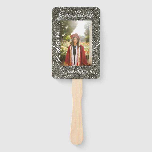 Silverglitter photo graduation add name class text hand fan (Front)