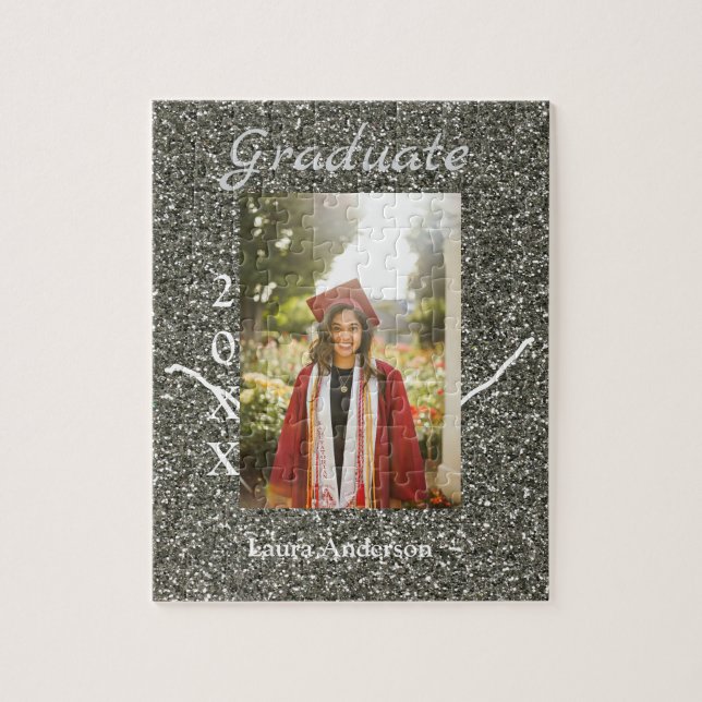 Silverglitter photo graduation add name class text jigsaw puzzle (Vertical)