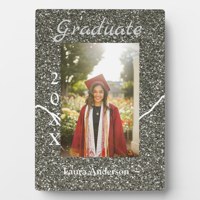 Silverglitter photo graduation add name class text plaque (Front)