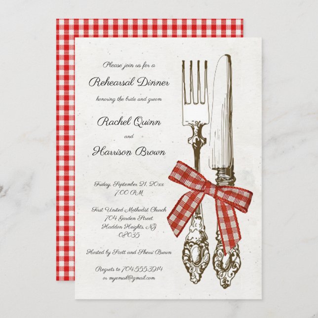 Silverware and Red Chequered Rehearsal Dinner Invitation (Front/Back)