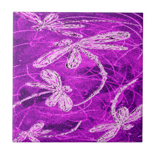Silvery Dragonflies on a Magic Magenta Sky Ceramic Tile