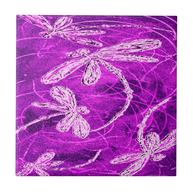 Silvery Dragonflies on a Magic Magenta Sky Ceramic Tile (Front)
