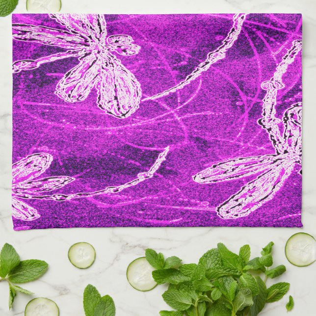 Silvery Dragonflies on a Magic Magenta Sky Tea Towel (Folded)