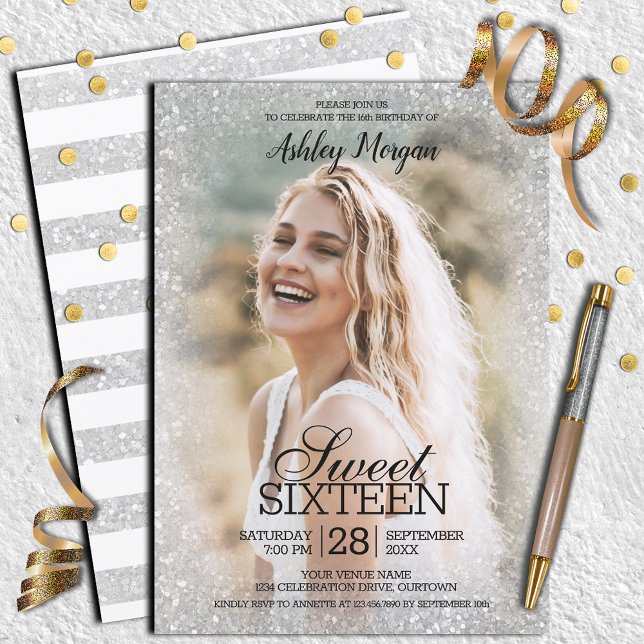 Silvery Glitter Photo Template Sweet 16 Party (Creator Uploaded)