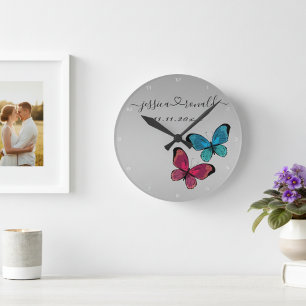 Silvery Grey Names Date Wedding Gift Personalised Round Clock