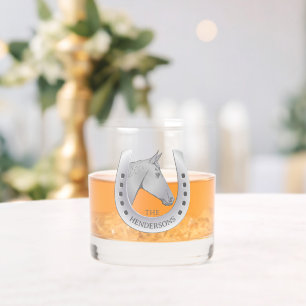 Silvery Horse and Horseshoe Emblem Personalised Whiskey Glass