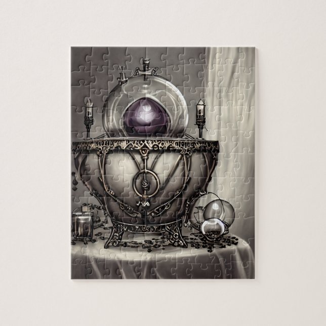 Silvery Ornate Cauldron with Purple Crystal Ball Jigsaw Puzzle (Vertical)