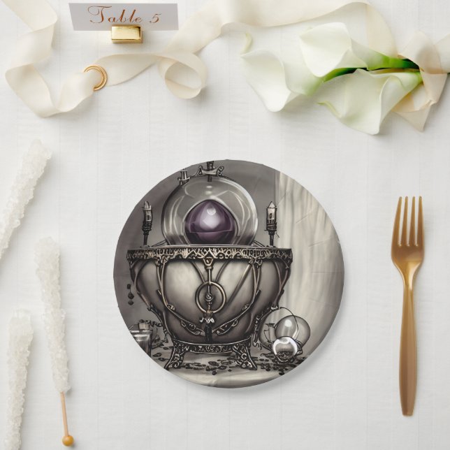 Silvery Ornate Cauldron with Purple Crystal Ball Paper Plate (Wedding)