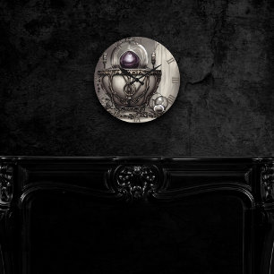 Silvery Ornate Cauldron with Purple Crystal Ball Round Clock