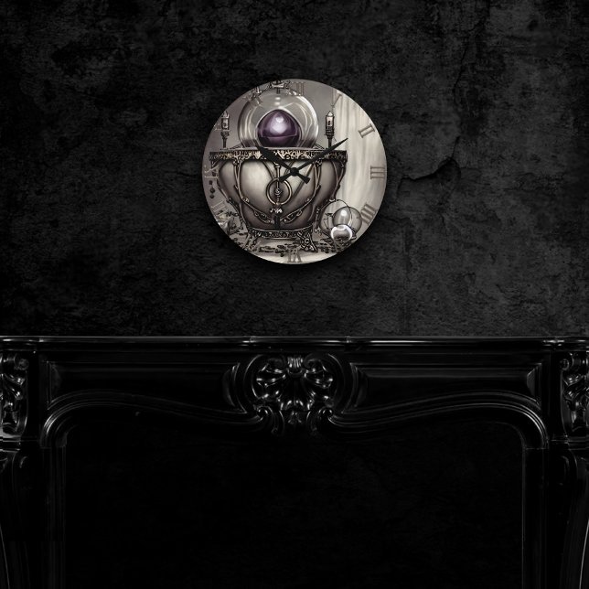 Silvery Ornate Cauldron with Purple Crystal Ball Round Clock (Creator Uploaded)