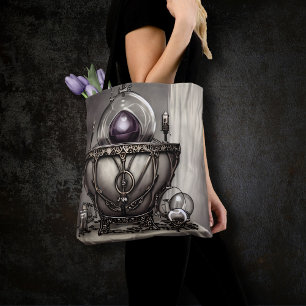 Silvery Ornate Cauldron with Purple Crystal Ball Tote Bag