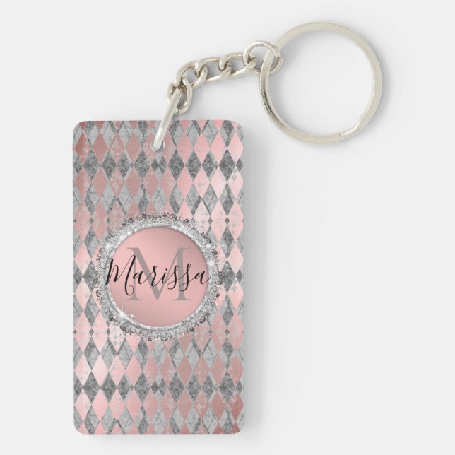 Silvery Pink Glittery Harlequin Monogram   Key Ring (Back)