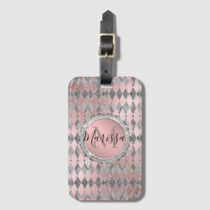 Silvery Pink Glittery Harlequin Monogram Luggage Tag