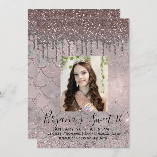 Silvery Pink Rose Gold Glitter Drip Sweet 16 Photo Invitation (Front/Back)