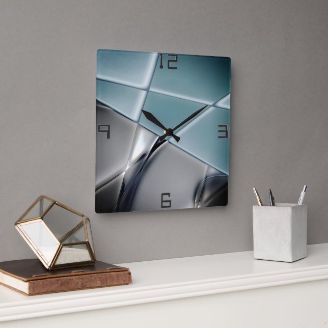 Silvery rectangle trapezoids changeable background square wall clock (Office)