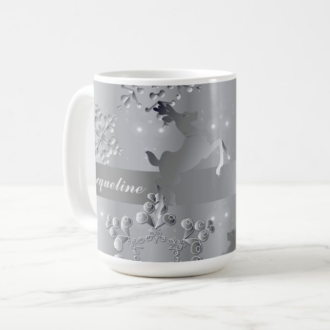 Silvery Reindeer & Snowflakes Mug (Front Left)